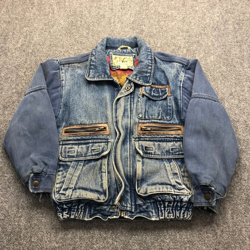 Vintage Levis Kids Denim Bomber Jacket Western Wear Acid Wash Blue Size M 10-12